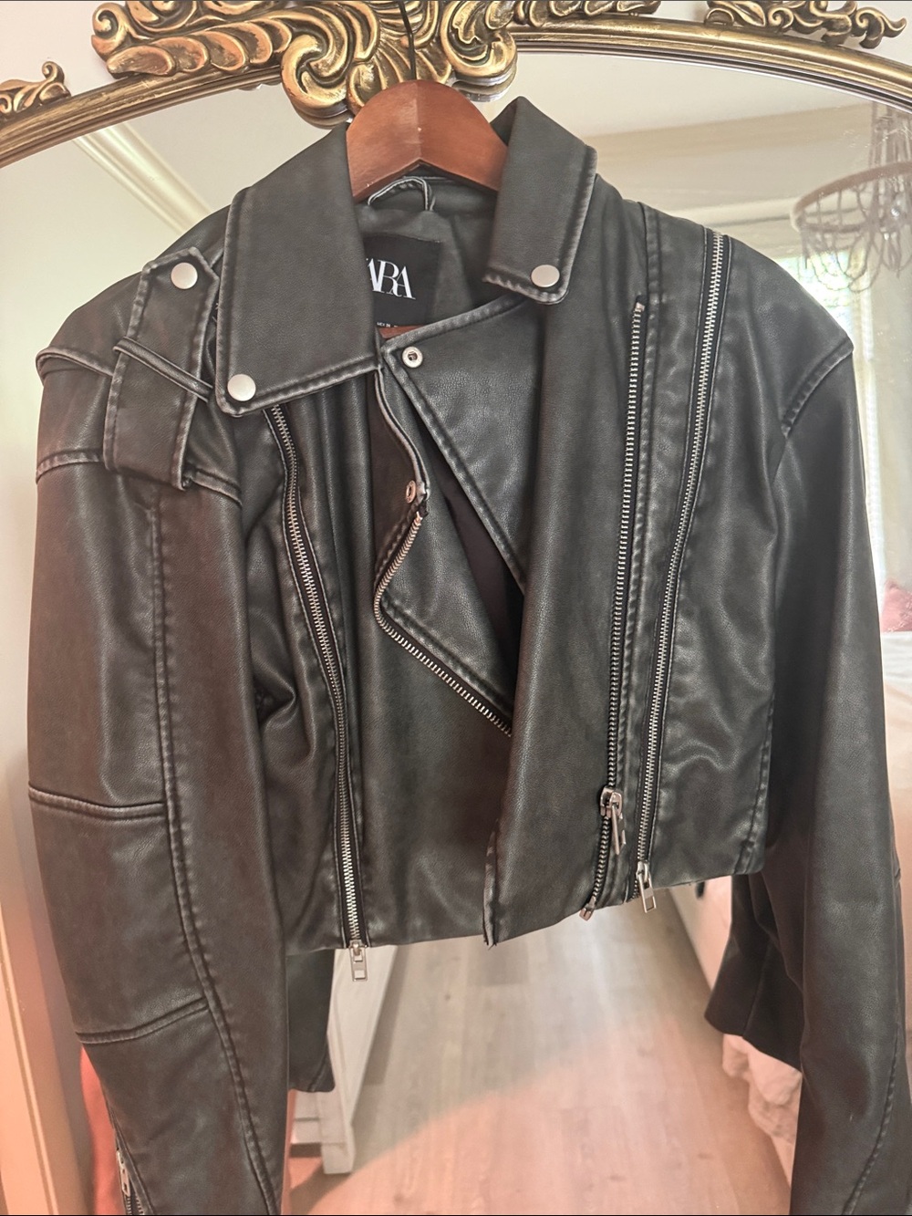 Zara Black Cropped Leather Moto Jacket with Multiple Zips